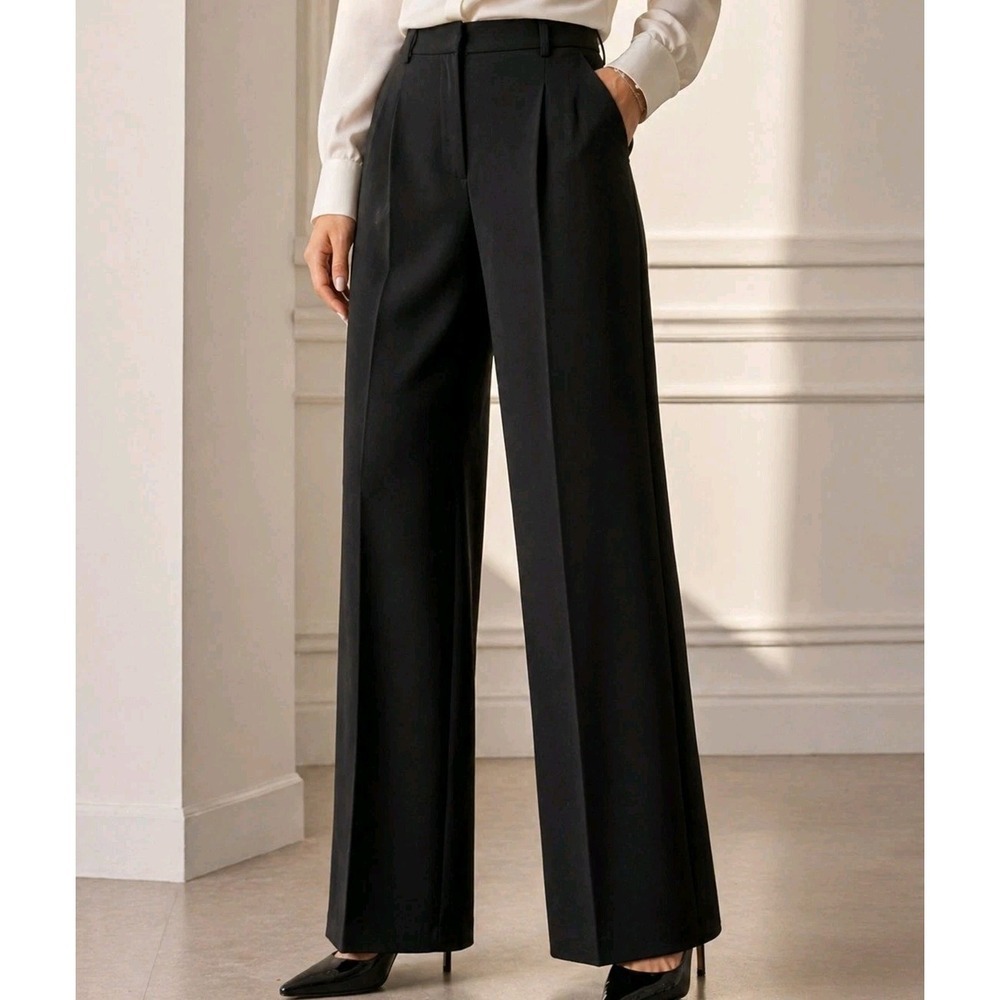 French Connection Wide Leg Trousers L Black High Rise NWT 30x27 Chic - Picture 1 of 13